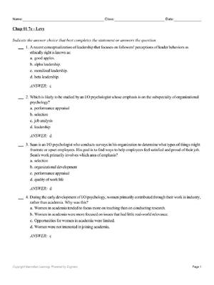 Preview of Test Bank for Industrial/Organizational Psychology, 7th Edition Levy