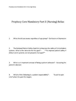 Preview of Prophecy Core Mandatory Part II (Nursing) Relias Questions and Verified Answers Rated A+