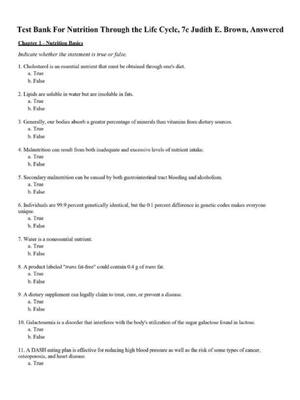 Preview of Test Bank For Nutrition Through the Life Cycle 7th Edition By Judith E.Brown , Answered |A