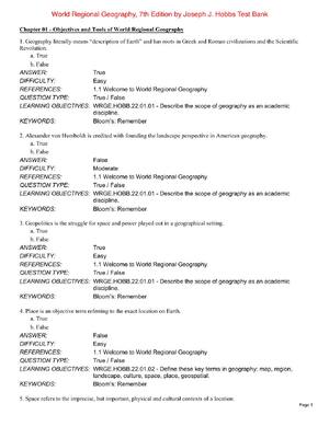 Preview of Test Bank For World Regional Geography 7th Edition By Joseph J. Hobbs - All Chapters 1-11