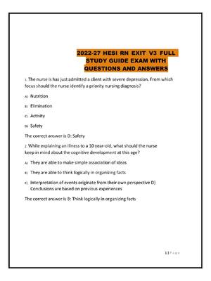 Preview of 2022-27 HESI RN EXIT V3 FULL  STUDY GUIDE EXAM WITH  QUESTIONS AND ANSWERS