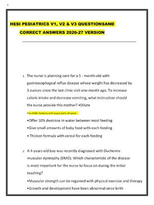 Preview image for HESI PEDIATRICS V1, V2 & V3 QUESTIONS AND  CORRECT ANSWERS 2026-27 VERSION