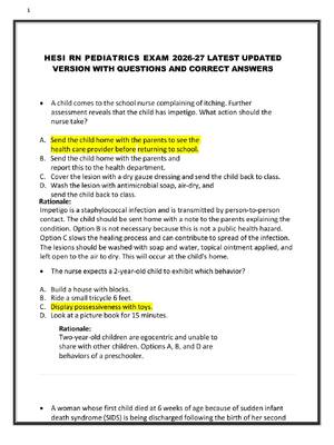 Preview image for HESI RN PEDIATRICS EXAM 2026-27 LATEST UPDATED  VERSION WITH QUESTIONS AND CORRECT ANSWERS
