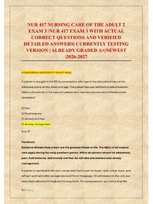 Preview of NUR 417 NURSING CARE OF THE ADULT 2  EXAM 3 /NUR 417 EXAM 3
