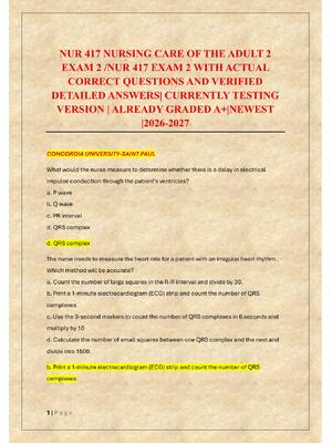 Preview of NUR 417 NURSING CARE OF THE ADULT 2  EXAM 2 /NUR 417 EXAM 2