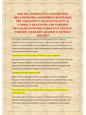 Preview of D432 HR COMPLIANCE AND EMPOYEE  RELATIONS PRE-ASSESSMENT REVIW/D432  PRE ASSESSMENT EXAM