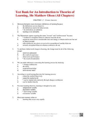 Preview of Test Bank for An Introduction to Theories of  Learning, 10th Edition By Matthew Olson (All