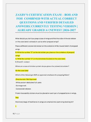 Preview of ZAXBY'S CERTIFICATION EXAM – BOH AND  FOH  COMBINED