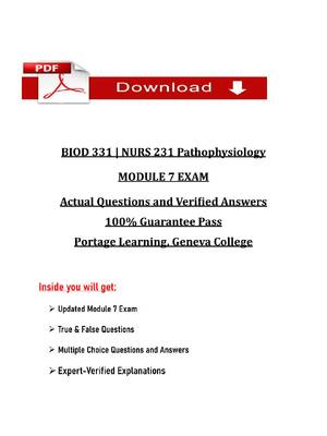 Preview of BIOD 331 / NURS 231 Pathophysiology Module 7 Exam – Actual Questions with Verified Answers