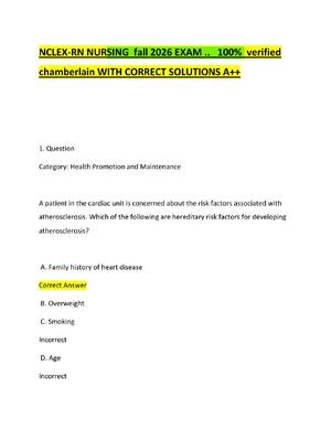 Preview of NCLEX-RN NURSING  fall 2026 EXAM ..   100%  verified  chamberlain WITH CORRECT SOLUTIONS A