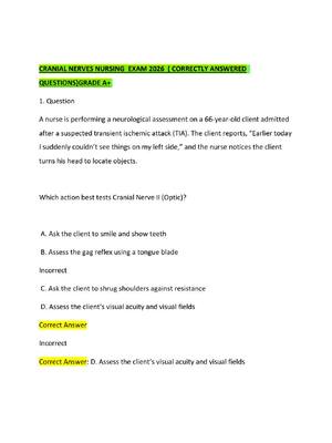 Preview of CRANIAL NERVES NURSING  EXAM 2026  ( CORRECTLY ANSWERED  QUESTIONS)GRADE A+