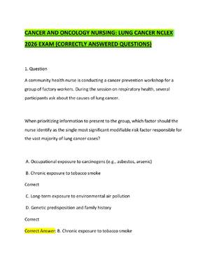 Preview of CANCER AND ONCOLOGY NURSING LUNG CANCER NCLEX 2026 EXAM (CORRECTLY ANSWERED QUESTIONS)