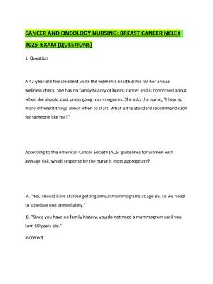 Preview of CANCER AND ONCOLOGY NURSING BREAST CANCER NCLEX  2026  EXAM (QUESTIONS)