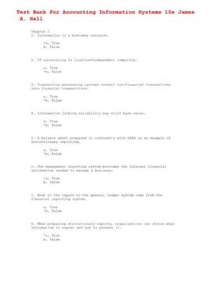 Preview of Test Bank For Accounting Information Systems 10th Edition By James A. Hall