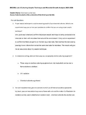 Preview of BIO250L Lab 2 Culturing Aseptic Technique and Microbial Growth Analysis 2025-2026 Verified