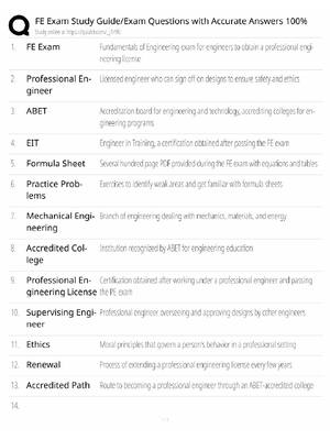 Preview of FE Exam Study Guide / Questions & Answers / 2026 Update / Score 100% / Exam Prep Study Gui