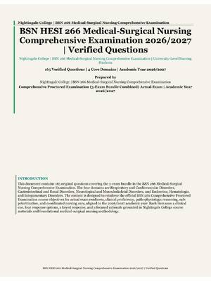 Preview image for BSN 266 Medical-Surgical Nursing | Nightingale College | Academic Year 2026/2027 | Comprehensive Proctored Examination Package — 3 Exams Combined | 165 Verified Questions and Correct Answer Rationales