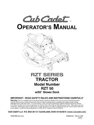 Preview of Cub Cadet RZT Series - RZT 50 - w/50" Mower Deck Operator Manual