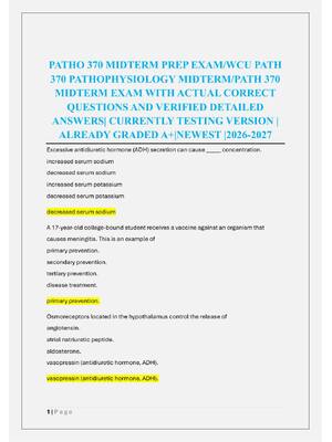 Preview of PATHO 370 MIDTERM PREP EXAM/WCU PATH  370 PATHOPHYSIOLOGY MIDTERM/PATH 370  MIDTERM EXAM