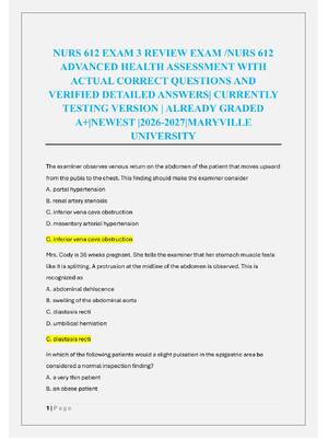 Preview of NURS 612 EXAM 3 REVIEW EXAM /NURS 612  ADVANCED HEALTH ASSESSMENT