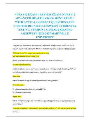 Preview of NURS 612 EXAM 1 REVIEW EXAM /NURS 612  ADVANCED HEALTH ASSESSMENT EXAM 1
