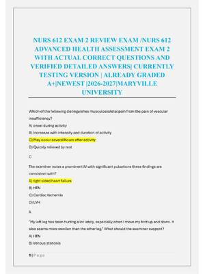 Preview of NURS 612 EXAM 2 REVIEW EXAM /NURS 612  ADVANCED HEALTH ASSESSMENT EXAM 2