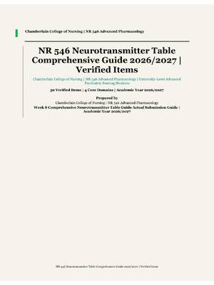Preview image for NR 546 Advanced Pharmacology | Chamberlain College of Nursing | Academic Year 2026/2027 | Week 8 Comprehensive Neurotransmitter Table Guide | 50 Verified Items and Correct Answer Rationales