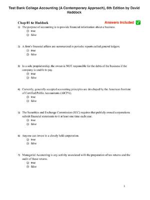 Preview of Test Bank College Accounting (A Contemporary Approach), 6th Edition by David  Haddock A+