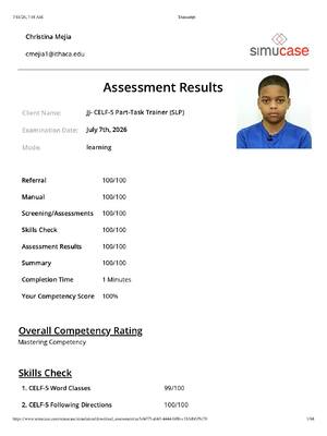Preview image for Sim Virtual Patient: JJ- CELF-5 Part-Task Trainer (SLP) | Assessment Transcript: Competency Score 100%.