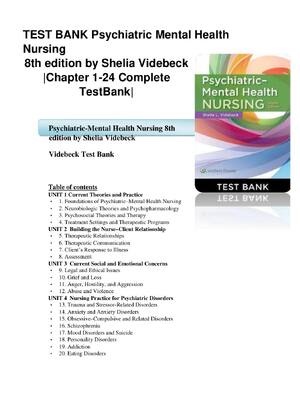 Preview image for TEST BANK Psychiatric Mental Health  Nursing 8th Edition by Shelia Videbeck  |Chapter 1-24 Complete