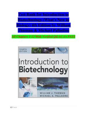 Preview image for Test Bank for Introduction to Biotechnology (What's New in Biology) 4th Edition by William Thieman & Michael Palladino All Chapters 1 -13