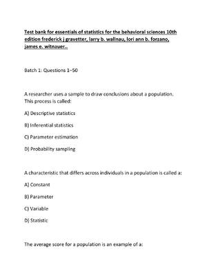 Preview of Test bank for essentials of statistics for the behavioral sciences 10th edition frederick