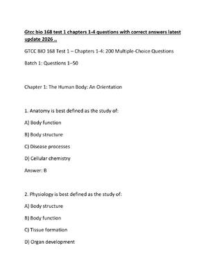 Preview of Gtcc bio 168 test 1 chapters 1-4 questions with correct answers latest update 2026 ..