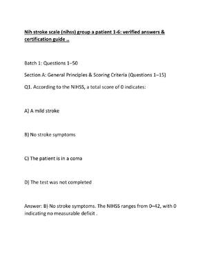 Preview of Nih stroke scale (nihss) group a patient 1-6 verified answers & certification guide ..