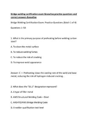 Preview of Bridge welding certification exam &newline;practice questions and correct answers &newline