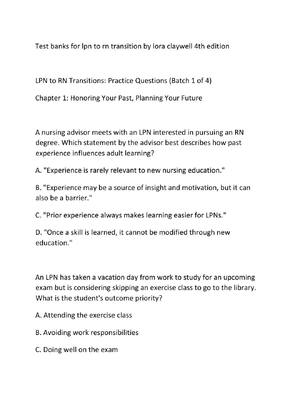 Preview of Test banks for lpn to rn transition by lora claywell 4th edition
