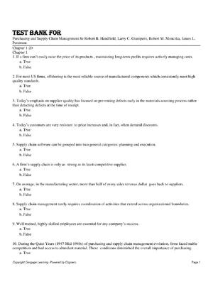 Preview of Test Bank For  Purchasing and Supply Chain Management 8e Robert B. Handfield, Larry C. Giu