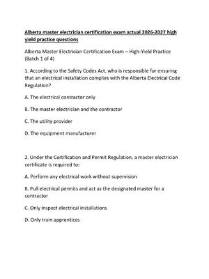 Preview of Alberta master electrician certification exam actual 2026-2027 high yield practice questio