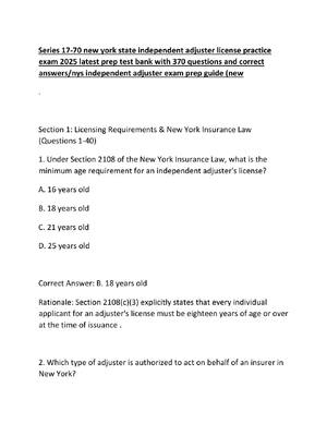 Preview of Series 17-70 new york state independent adjuster license practice exam
