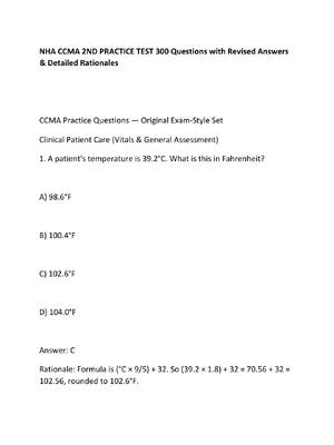 Preview of NHA CCMA 2ND PRACTICE TEST 300 Questions with Revised Answers