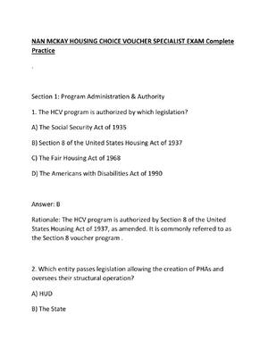 Preview of NAN MCKAY HOUSING CHOICE VOUCHER SPECIALIST EXAM Complete Practice