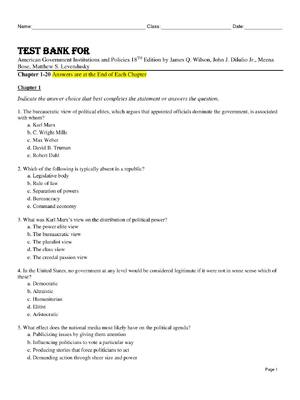 Preview image for Test Bank For  American Government Institutions and Policies 18th Edition by James Q. Wilson, John J. DiIulio Jr., Meena Bose, Matthew S. Levendusky Chapter 1-20