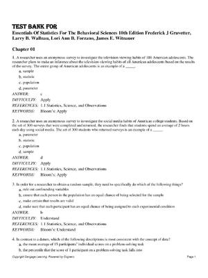 Preview image for TEST BANK FOR  Essentials Of Statistics For The Behavioral Sciences 10th Edition Frederick J Gravetter, Larry B. Wallnau, Lori Ann B. Forzano, James E. Witnauer