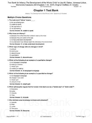 Preview of Test Bank for Infancy The Development of the Whole Child 1st Edition By Lisa Oakes, Vaness