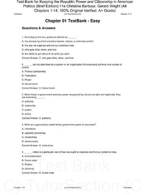 Preview of Test Bank for Keeping the Republic Power and Citizenship in American Politics (Brief Editi