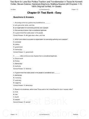 Preview of Test Bank for Lone Star Politics Tradition and Transformation in Texas 9th Edition By Kenn