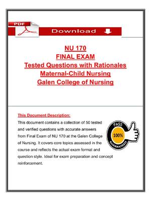 Preview of NU 170 Final Exam – Maternal-Child Nursing – Galen College of Nursing – Tested Questions w