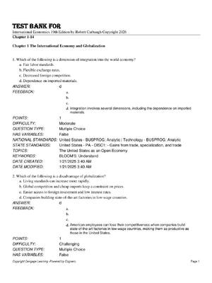 Preview of Test Bank For  International Economics 19th Edition by Robert Carbaugh Copyright 2026 Chap