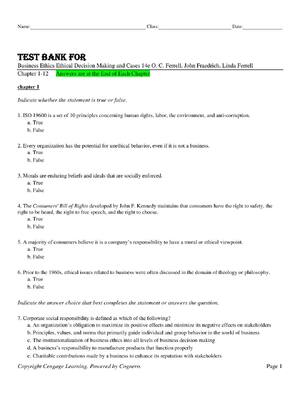 Preview of Test Bank For  Business Ethics Ethical Decision Making and Cases 14th Edition By O. C. Fer