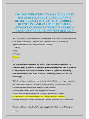 Preview of NSG 3600 PEDIATRICS EXAM 1 /GALEN NSG  3600 NURSING PRACTICE CHILDREN’S  HEALTH EXAM 1